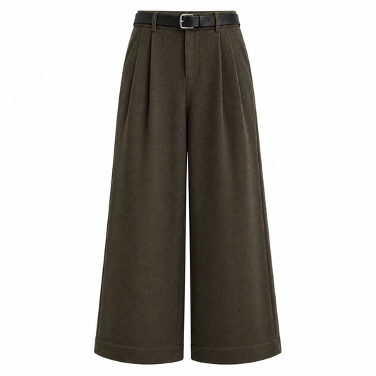Olive Herringbone Pleated Wide Pants