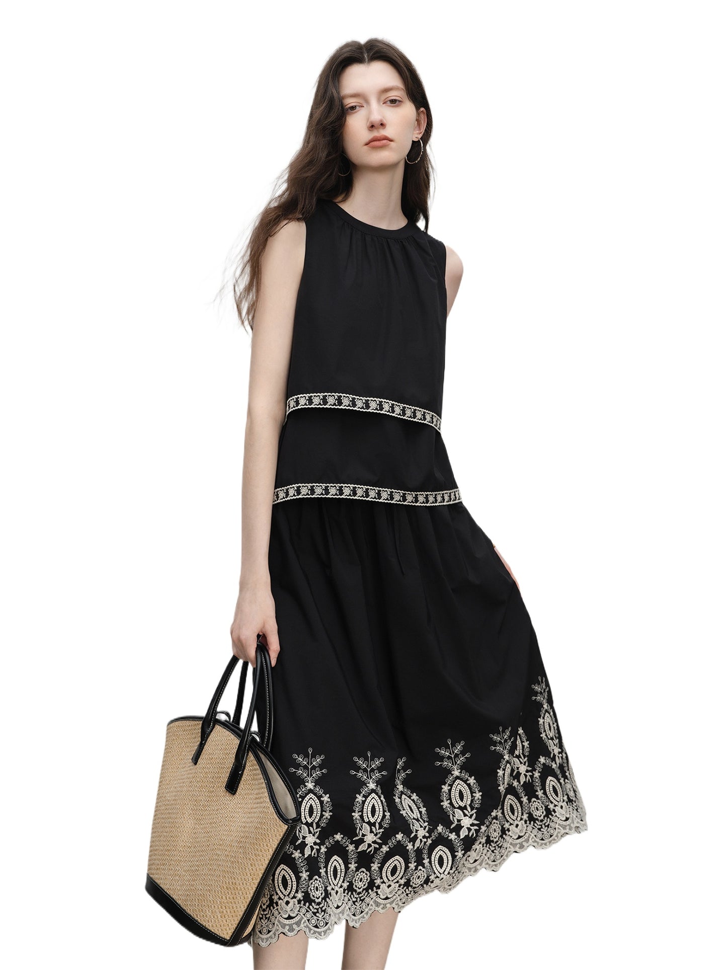 Black Embroidered Tank Skirt Set