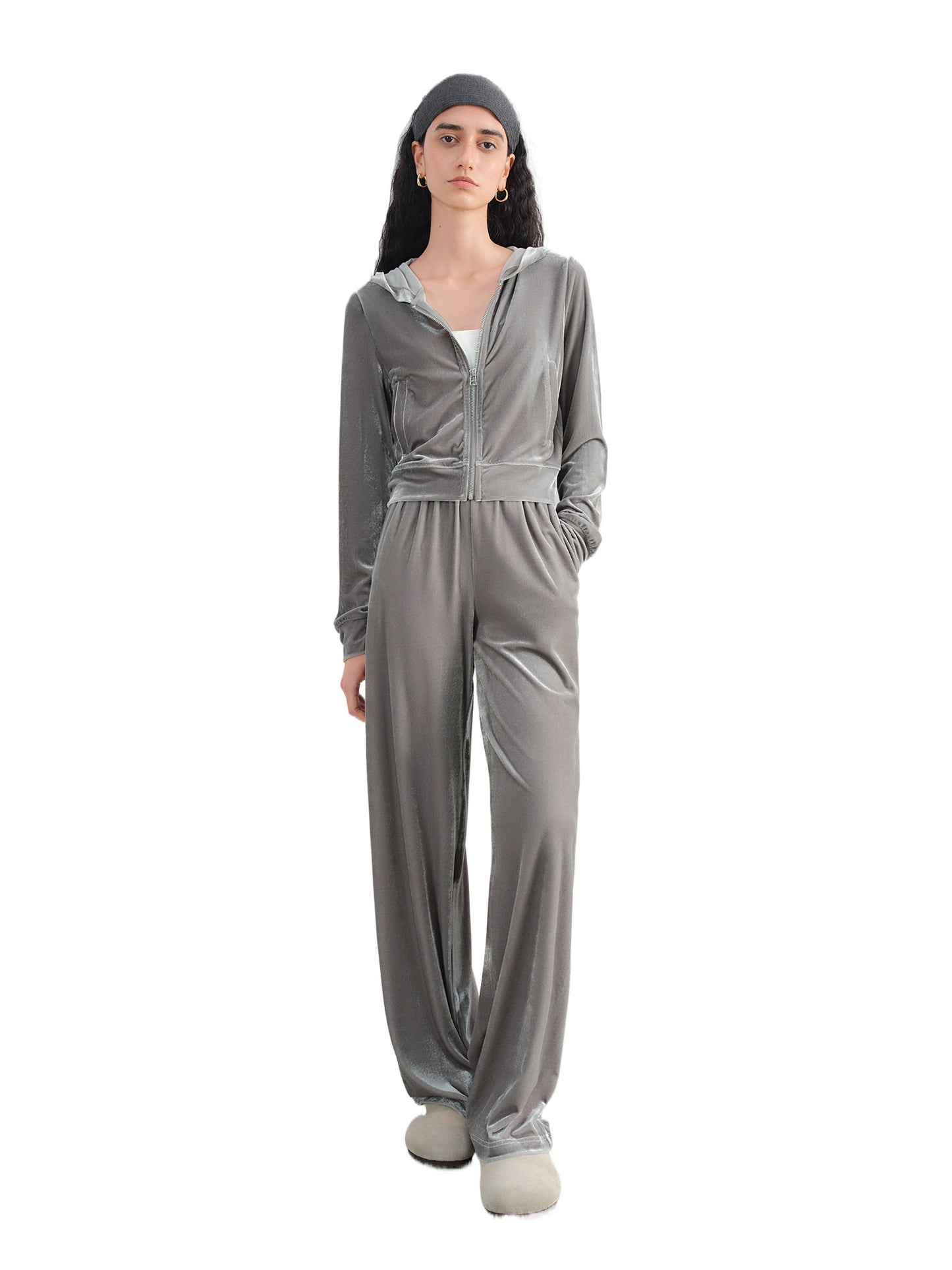 Grey Velvet Hoodie Jogger Set