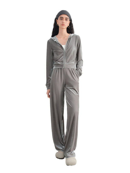 Grey Velvet Hoodie Jogger Set