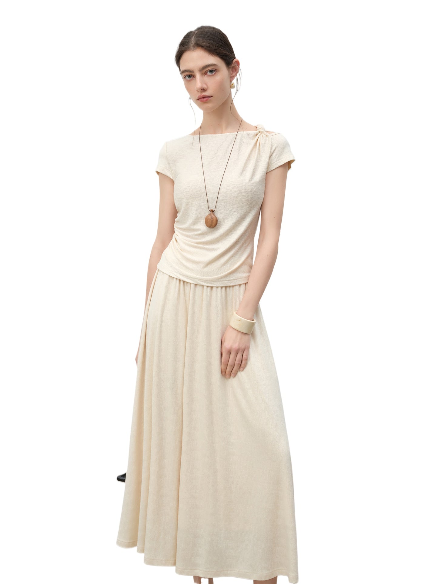 Cream Knit Tee Skirt Set