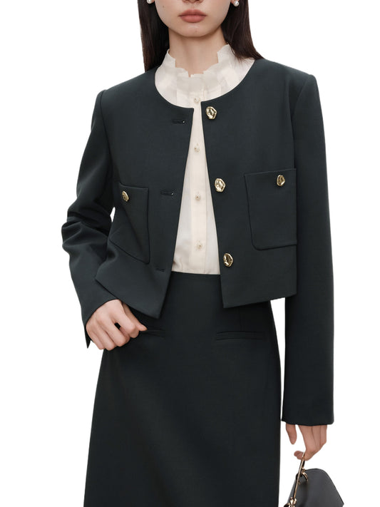 Black Collarless Jacket Skirt Set