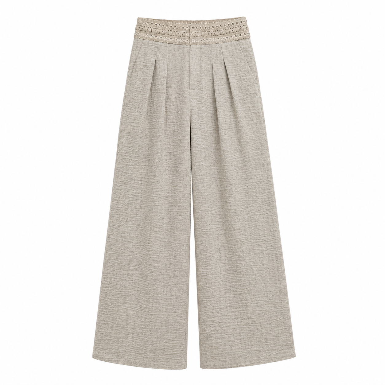 Beige Lace Waist Wide Leg Pants