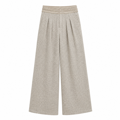 Beige Lace Waist Wide Leg Pants
