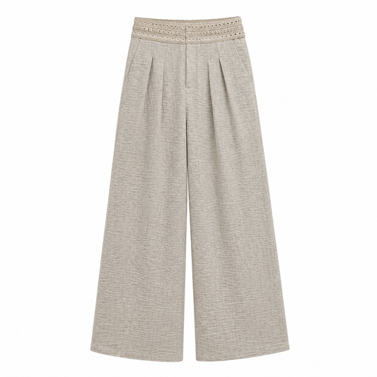 Beige Lace Waist Wide Leg Pants